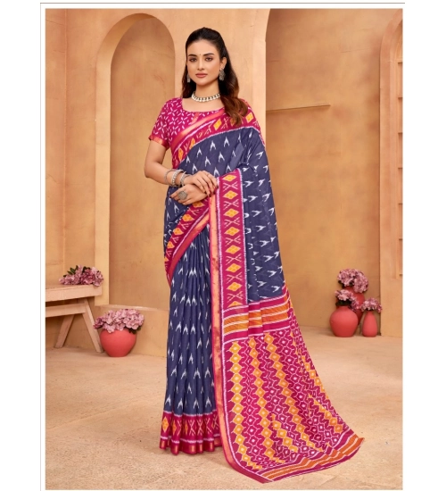Generic Women's Cotton Printed Saree With Unstitched Blouse 5.5Mtr (Blue)