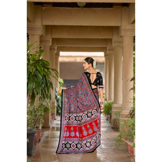 Generic Women's Cotton Printed Saree With Unstitched Blouse 5.5Mtr (Multicolor)