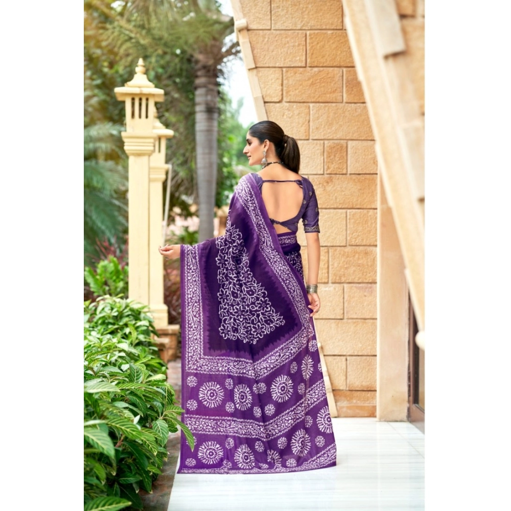 Generic Women's Cotton Printed Saree With Unstitched Blouse 5.5Mtr (Purple)
