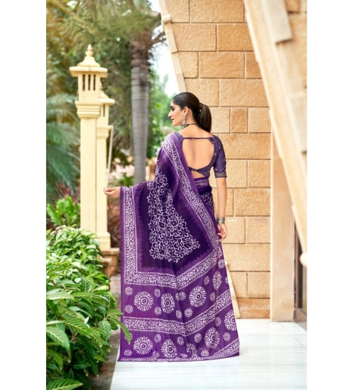 Generic Women's Cotton Printed Saree With Unstitched Blouse 5.5Mtr (Purple)