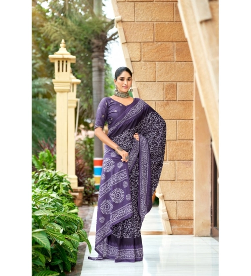 Generic Women's Cotton Printed Saree With Unstitched Blouse 5.5Mtr (Purple)