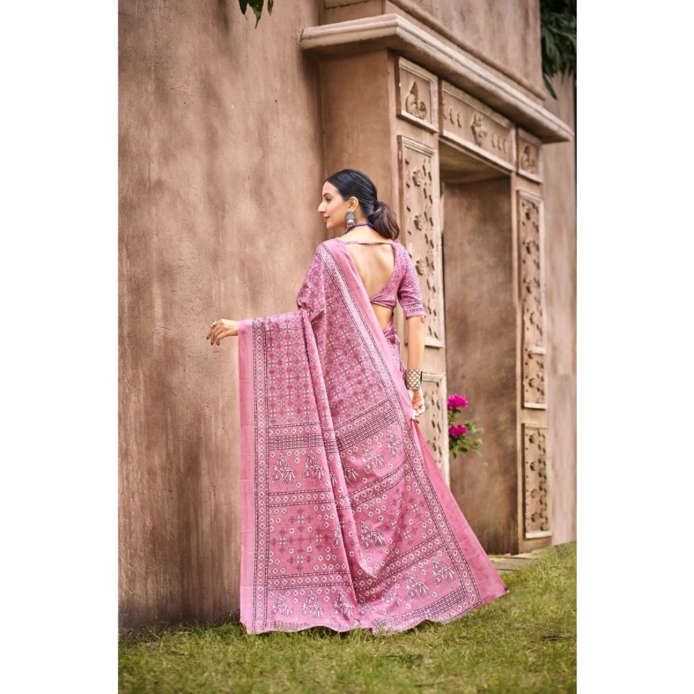 Generic Women's Cotton Printed Saree With Unstitched Blouse 5.5Mtr (Pink)