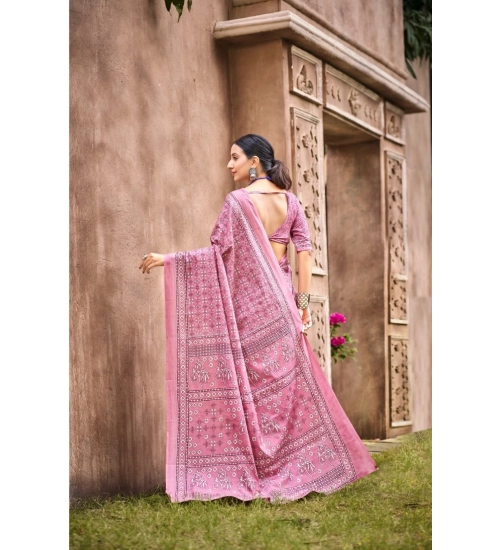 Generic Women's Cotton Printed Saree With Unstitched Blouse 5.5Mtr (Pink)