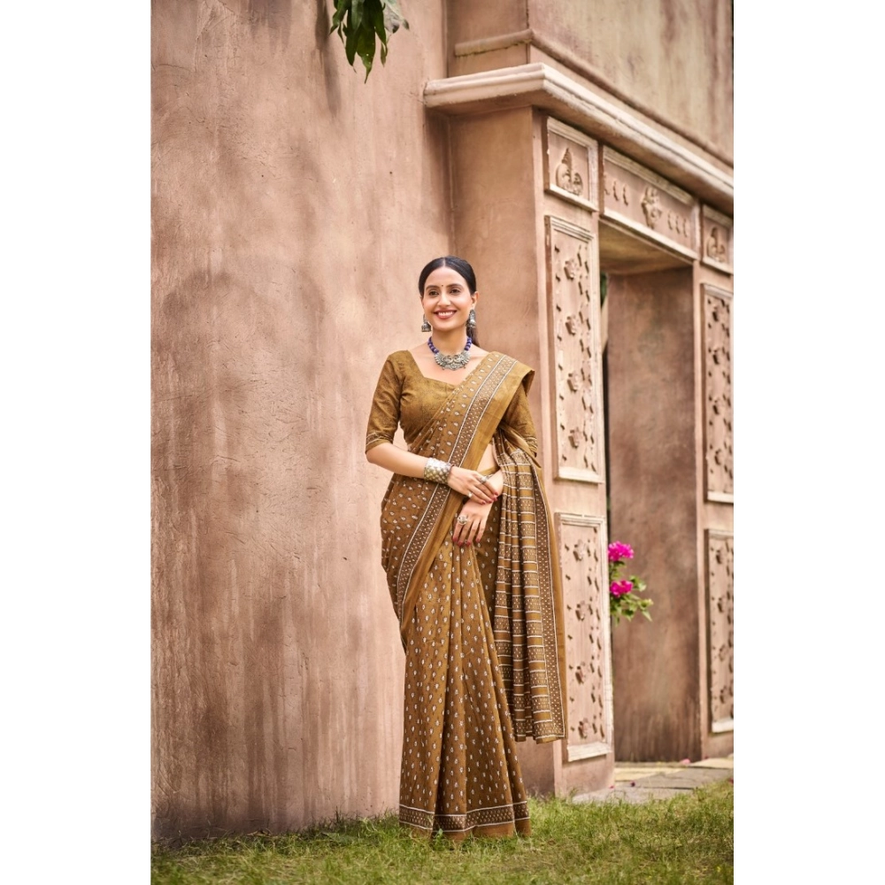 Generic Women's Cotton Printed Saree With Unstitched Blouse 5.5Mtr (Mustard)