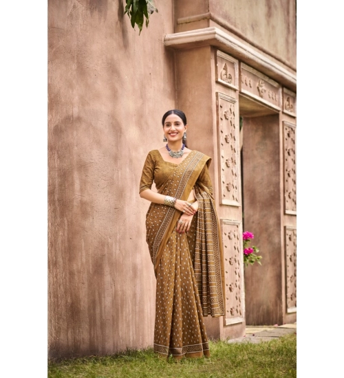 Generic Women's Cotton Printed Saree With Unstitched Blouse 5.5Mtr (Mustard)