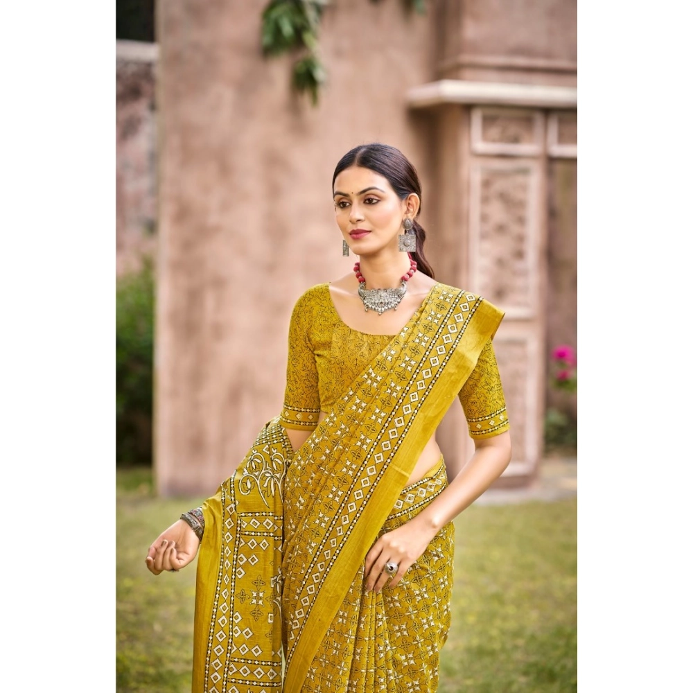 Generic Women's Cotton Printed Saree With Unstitched Blouse 5.5Mtr (Mustard)