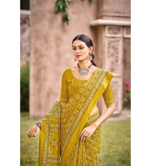 Generic Women's Cotton Printed Saree With Unstitched Blouse 5.5Mtr (Mustard)