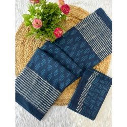 Generic Women's Cotton Printed Saree With Unstitched Blouse 5.5Mtr (Blue)