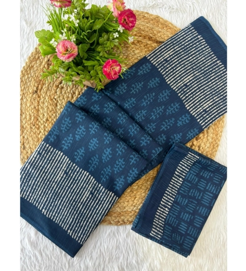 Generic Women's Cotton Printed Saree With Unstitched Blouse 5.5Mtr (Blue)