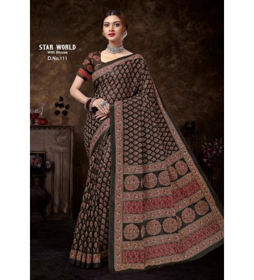 Generic Women's Cotton Printed Saree With Unstitched Blouse 5.5Mtr (Coffee)