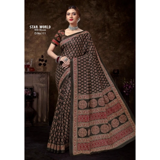 Generic Women's Cotton Printed Saree With Unstitched Blouse 5.5Mtr (Coffee)
