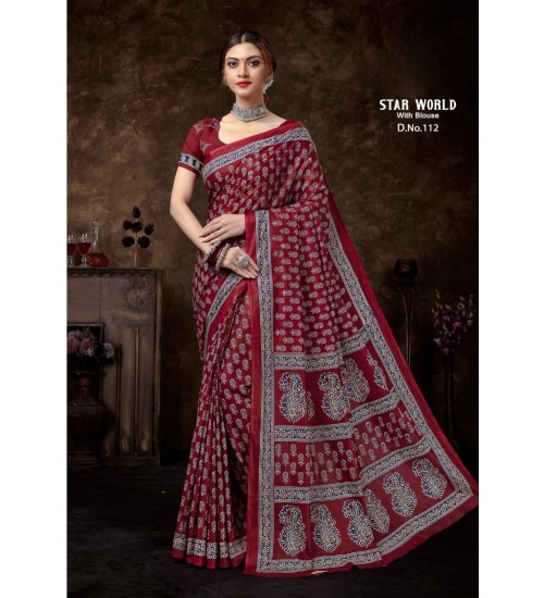 Generic Women's Cotton Printed Saree With Unstitched Blouse 5.5Mtr (Red)