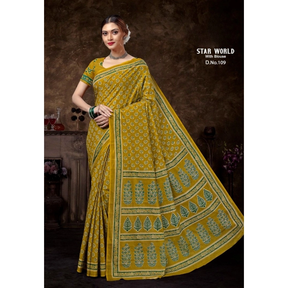 Generic Women's Cotton Printed Saree With Unstitched Blouse 5.5Mtr (Mehendi Green)