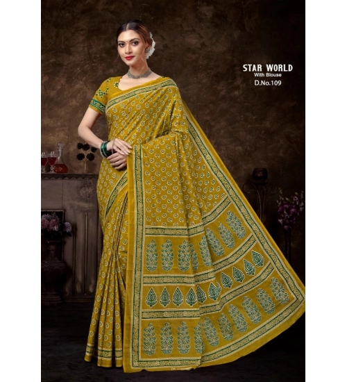 Generic Women's Cotton Printed Saree With Unstitched Blouse 5.5Mtr (Mehendi Green)