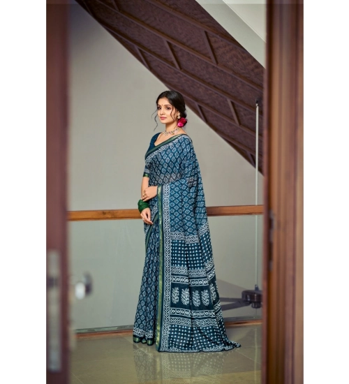 Generic Women's Cotton Printed Saree With Unstitched Blouse 5.5Mtr (Blue)