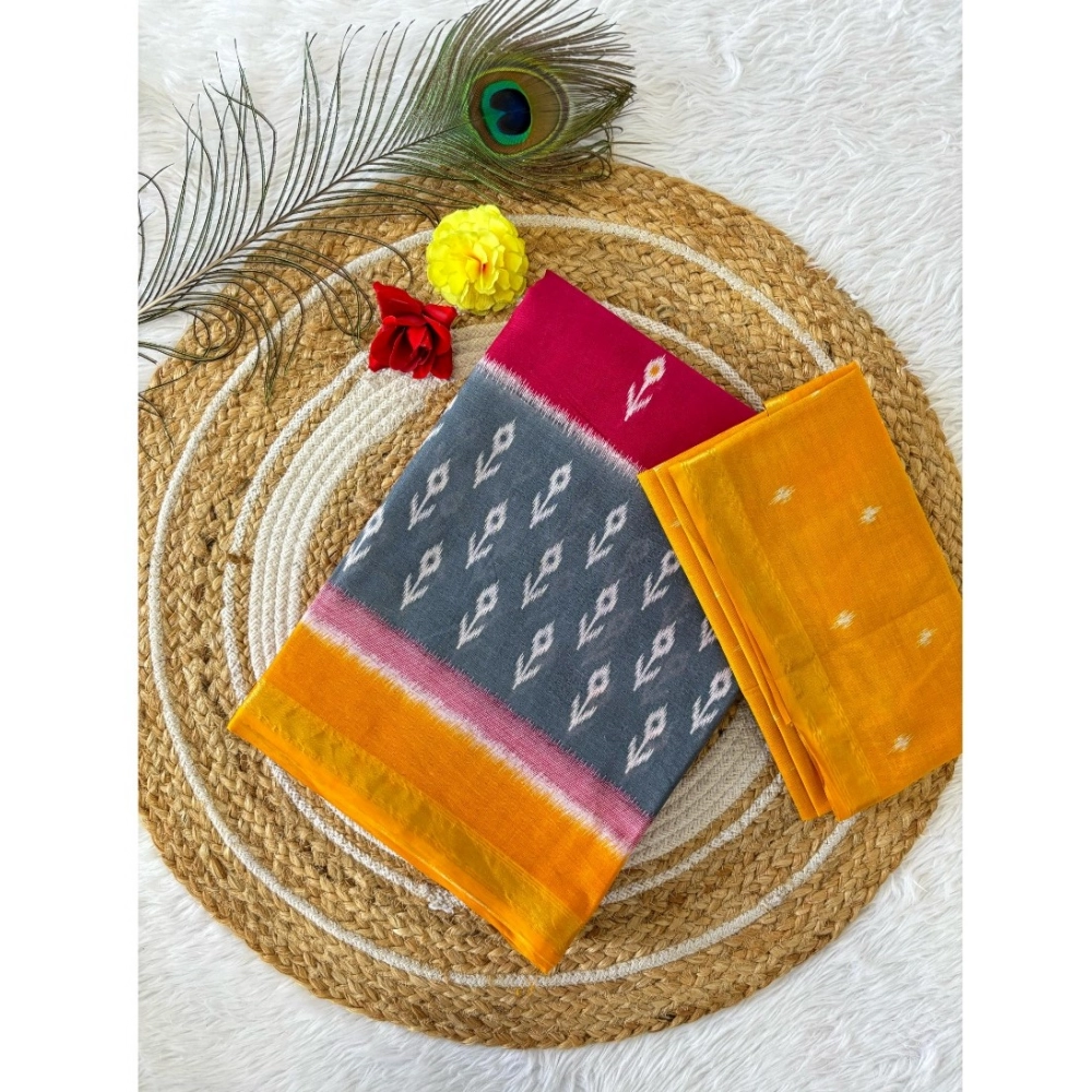 Generic Women's Cotton Printed Saree With Unstitched Blouse 5.5Mtr (Grey)