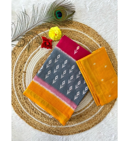 Generic Women's Cotton Printed Saree With Unstitched Blouse 5.5Mtr (Grey)