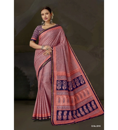 Generic Women's Cotton Printed Saree With Unstitched Blouse 5.5Mtr (Pink)