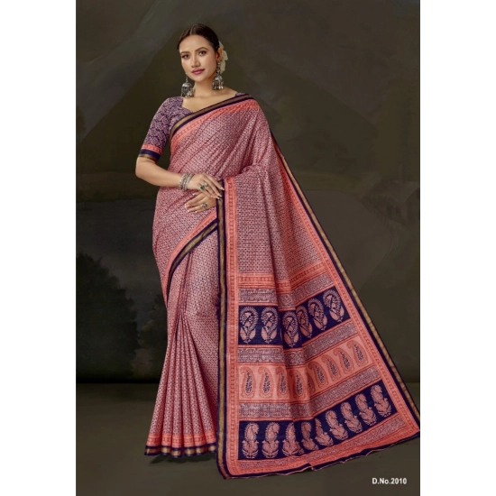 Generic Women's Cotton Printed Saree With Unstitched Blouse 5.5Mtr (Pink)