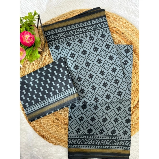 Generic Women's Cotton Printed Saree With Unstitched Blouse 5.5Mtr (Grey)