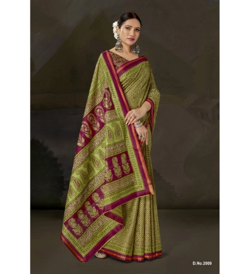 Generic Women's Cotton Printed Saree With Unstitched Blouse 5.5Mtr (Green)