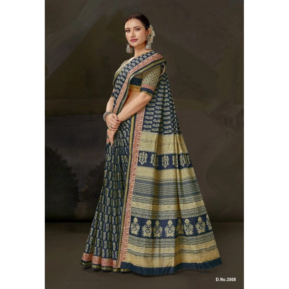 Generic Women's Cotton Printed Saree With Unstitched Blouse 5.5Mtr (Blue)