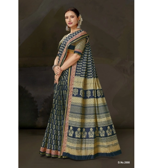 Generic Women's Cotton Printed Saree With Unstitched Blouse 5.5Mtr (Blue)