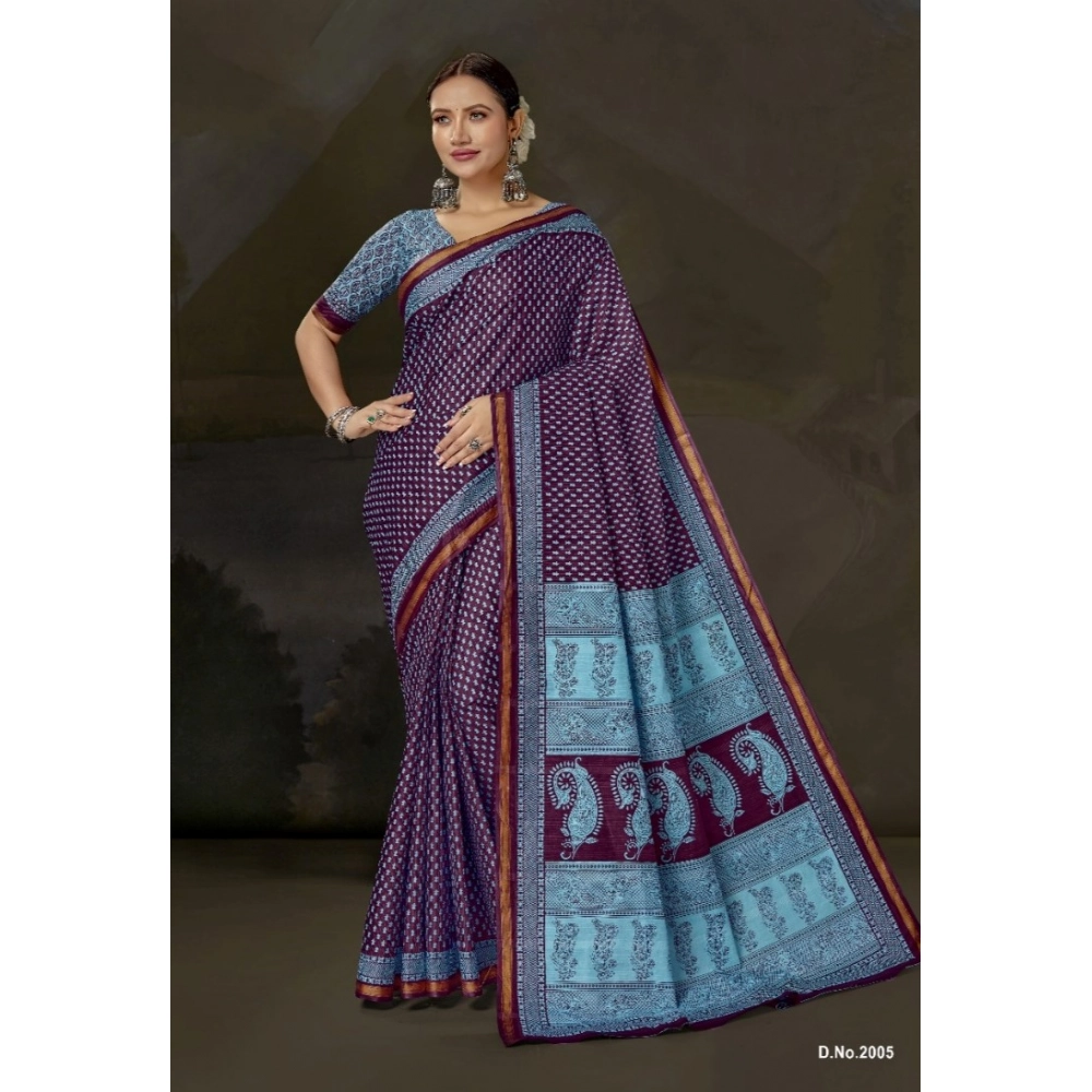 Generic Women's Cotton Printed Saree With Unstitched Blouse 5.5Mtr (Purple)