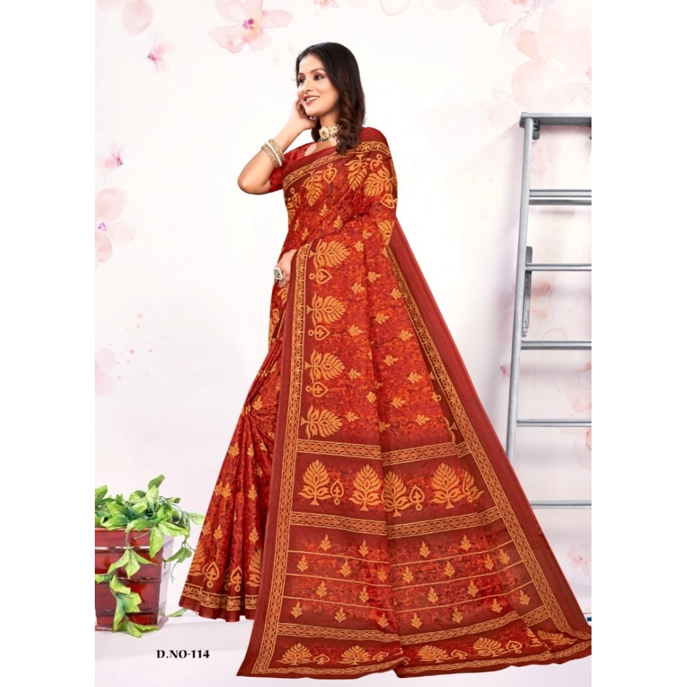 Generic Women's Cotton Printed Saree With Unstitched Blouse 5.5Mtr (Red)