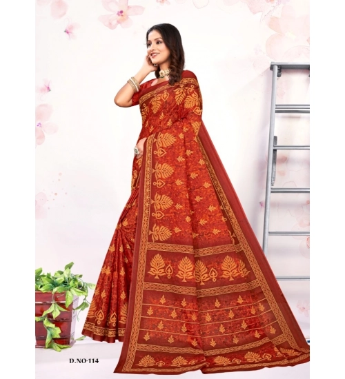 Generic Women's Cotton Printed Saree With Unstitched Blouse 5.5Mtr (Red)