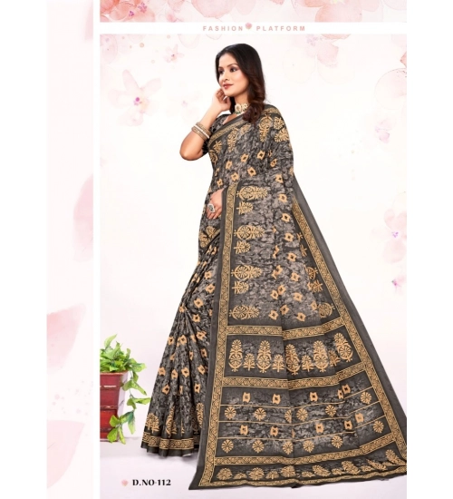 Generic Women's Cotton Printed Saree With Unstitched Blouse 5.5Mtr (Grey)