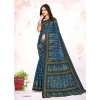 Generic Women's Cotton Printed Saree With Unstitched Blouse 5.5Mtr (Blue)