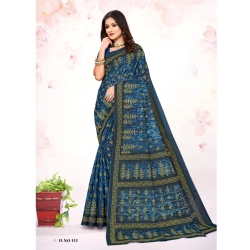 Generic Women's Cotton Printed Saree With Unstitched Blouse 5.5Mtr (Blue)