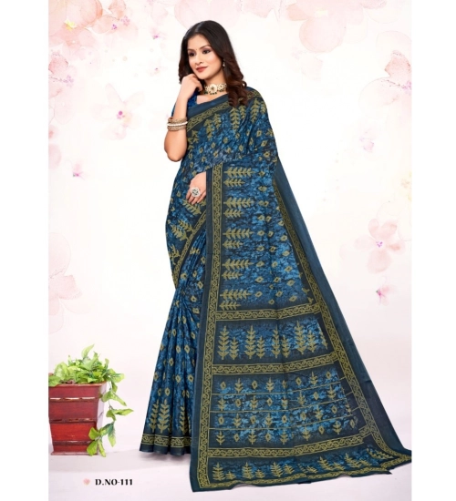 Generic Women's Cotton Printed Saree With Unstitched Blouse 5.5Mtr (Blue)