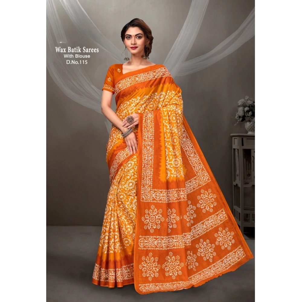 Generic Women's Cotton Printed Saree With Unstitched Blouse 5.5Mtr (Orange)