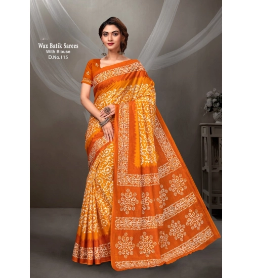 Generic Women's Cotton Printed Saree With Unstitched Blouse 5.5Mtr (Orange)