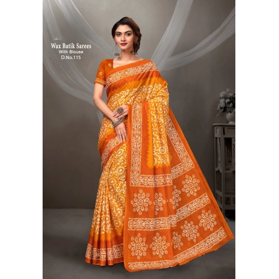 Generic Women's Cotton Printed Saree With Unstitched Blouse 5.5Mtr (Orange)