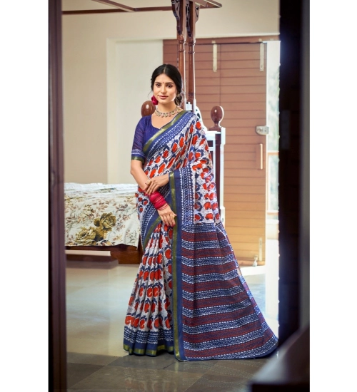 Generic Women's Cotton Printed Saree With Unstitched Blouse 5.5Mtr (Blue)