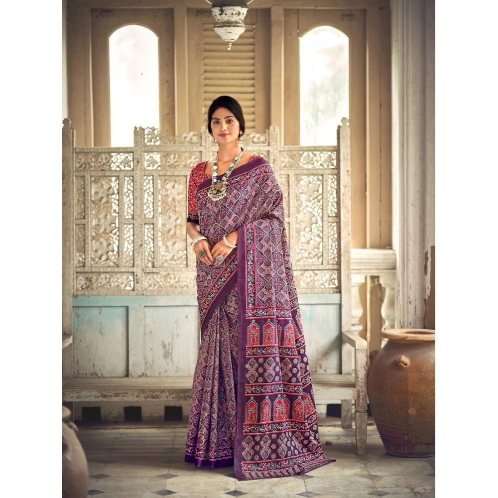 Generic Women's Cotton Printed Saree With Unstitched Blouse 5.5Mtr (Purple)