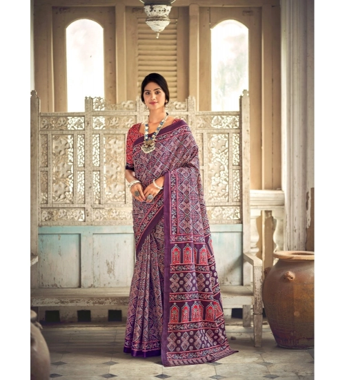 Generic Women's Cotton Printed Saree With Unstitched Blouse 5.5Mtr (Purple)