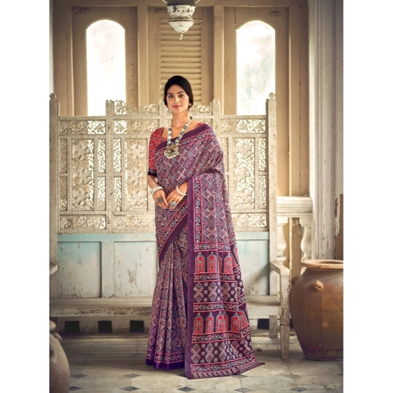 Generic Women's Cotton Printed Saree With Unstitched Blouse 5.5Mtr (Purple)