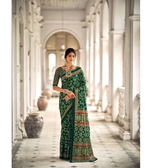 Generic Women's Cotton Printed Saree With Unstitched Blouse 5.5Mtr (Green)