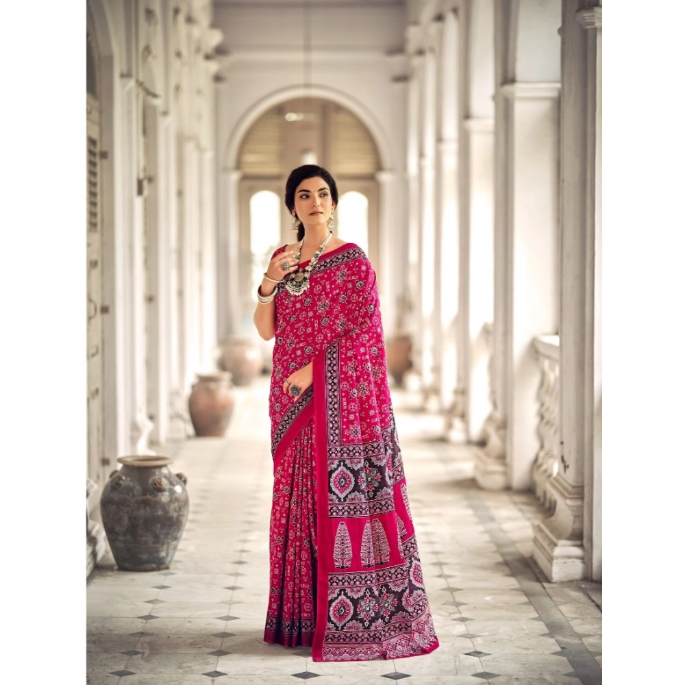 Generic Women's Cotton Printed Saree With Unstitched Blouse 5.5Mtr (Pink)