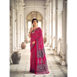 Generic Women's Cotton Printed Saree With Unstitched Blouse 5.5Mtr (Pink)