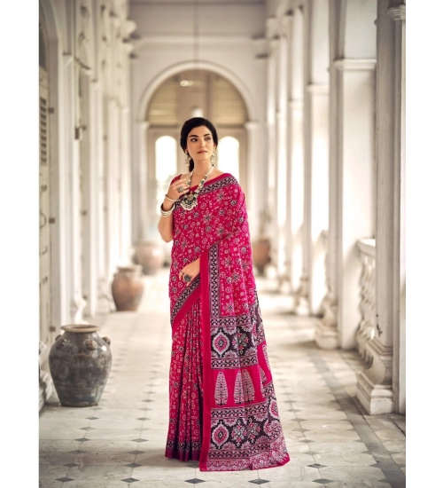 Generic Women's Cotton Printed Saree With Unstitched Blouse 5.5Mtr (Pink)