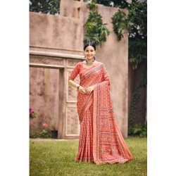 Generic Women's Cotton Printed Saree With Unstitched Blouse 5.5Mtr (Peach)