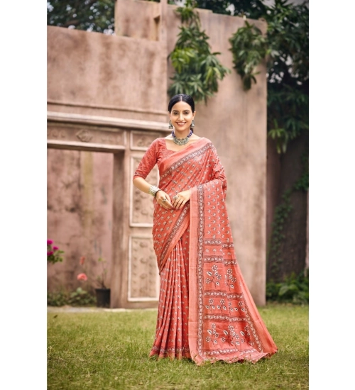 Generic Women's Cotton Printed Saree With Unstitched Blouse 5.5Mtr (Peach)