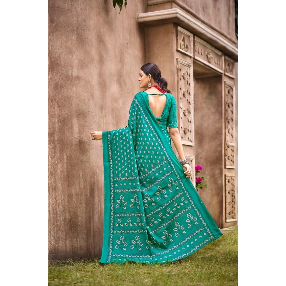 Generic Women's Cotton Printed Saree With Unstitched Blouse 5.5Mtr (Green)