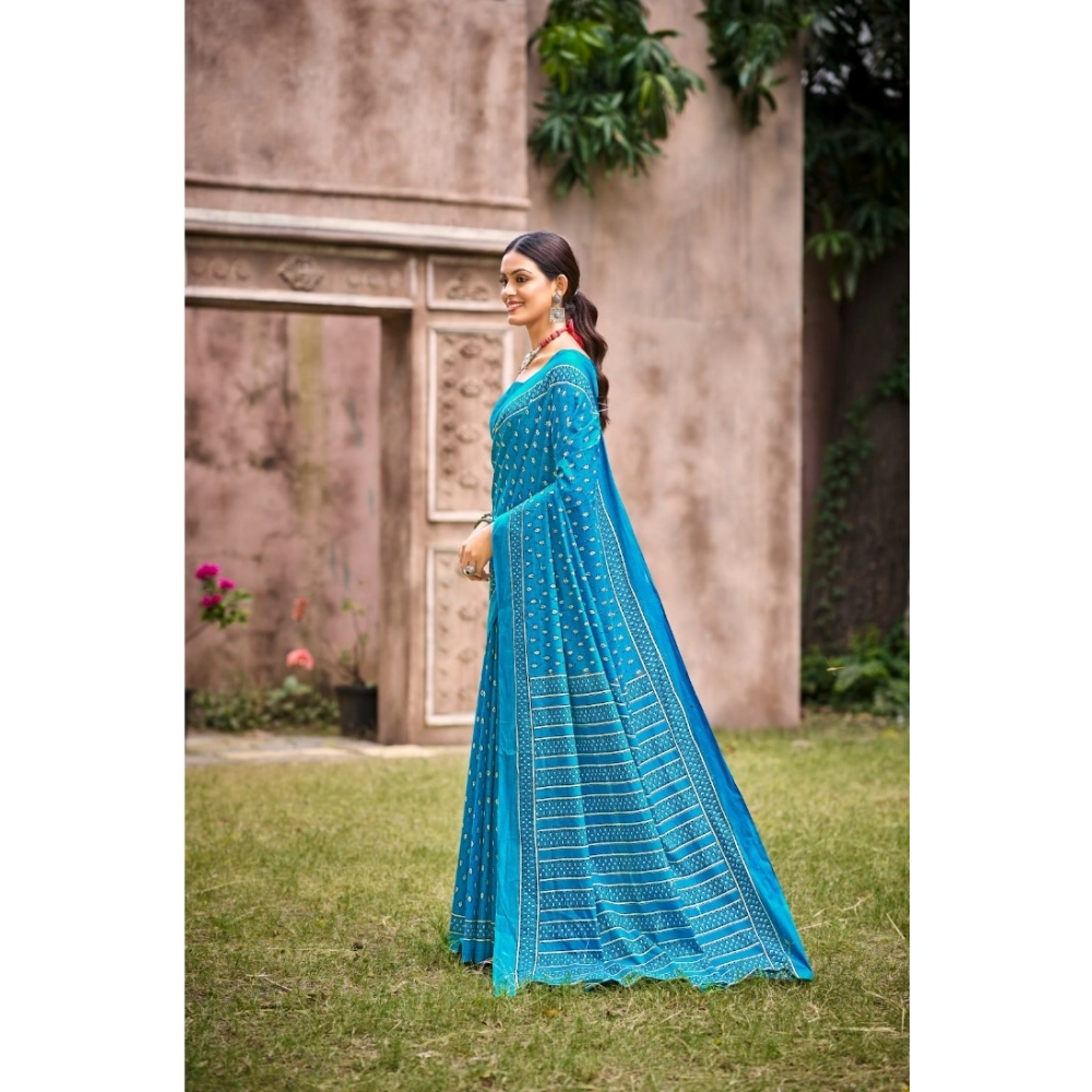 Generic Women's Cotton Printed Saree With Unstitched Blouse 5.5Mtr (Sky Blue)