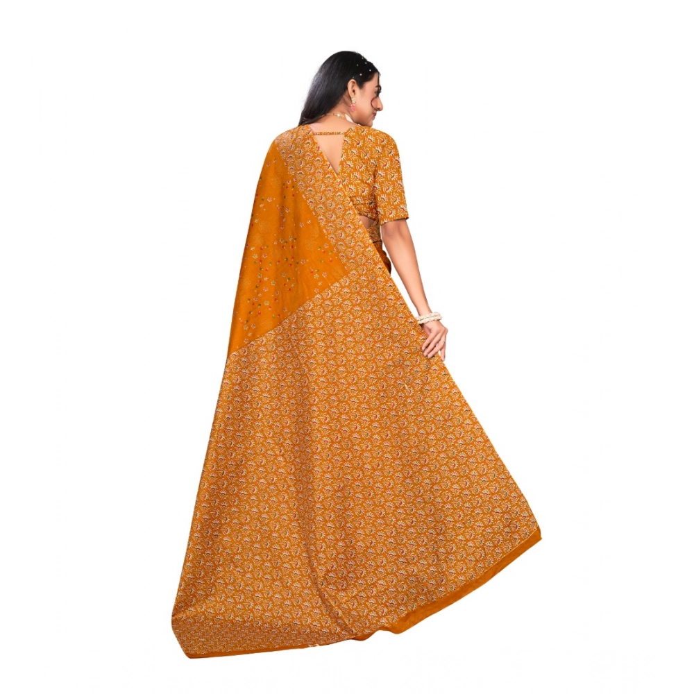 Generic Women's Cotton Printed Saree With Unstitched Blouse 5.5Mtr (Mustard)